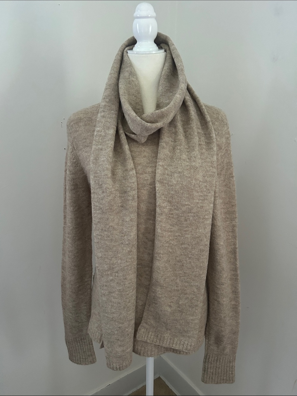 LOFT Beige Wool Blend Crew Sweater with Attached Scarf Sz M